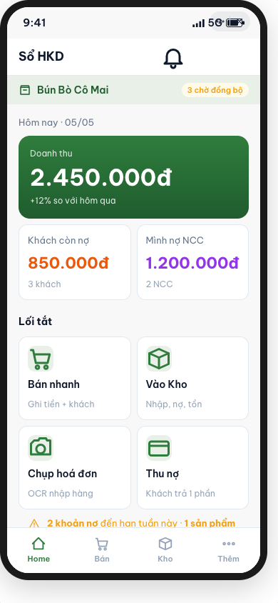 Sổ HKD Mini App — Home dashboard với doanh thu, khách còn nợ, quick actions
